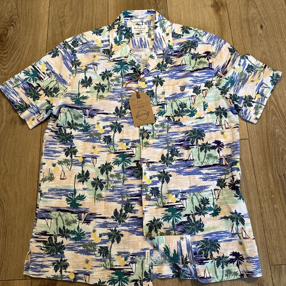 Weatherproof Men's Washable Linen Short Sleeve Button Down Shirt Hawaiian Med